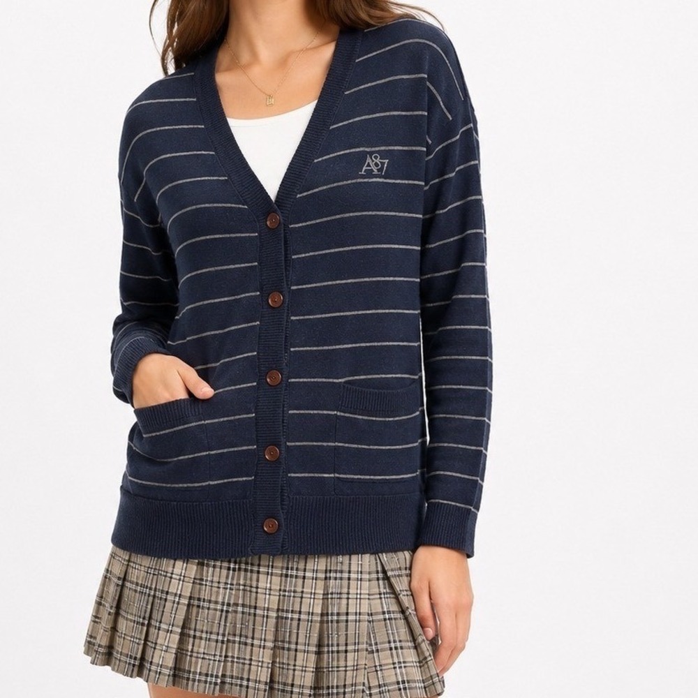 Aeropostale Navy Blue Striped V-Neck Button Front Cardigan Sweater L/G